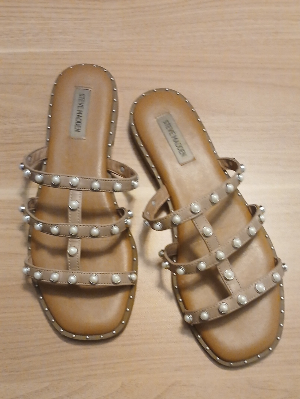 Steve Madden Tan Slide Sandals with Pearl-Embellished Straps in Size 10